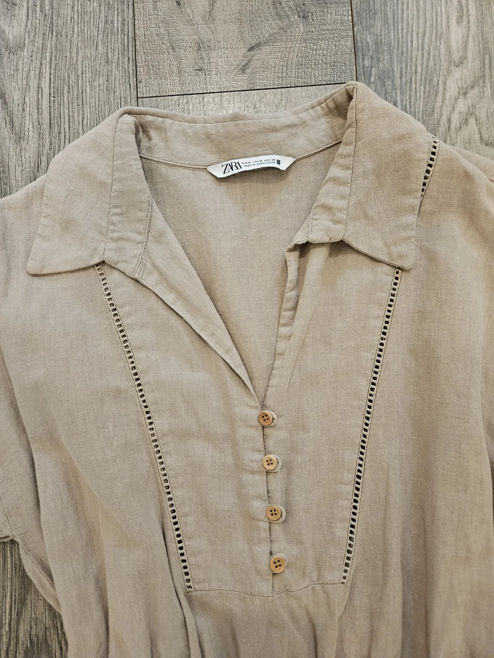 Zara Beige Linen Blend Safari Boho Short Sleeve Drawstring Romper Sz. M